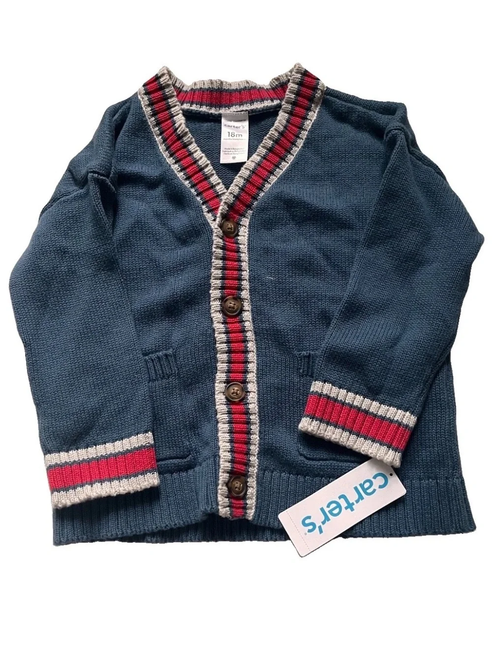 Carter's Navy Cardigan with Red and Cream Stripe Trim